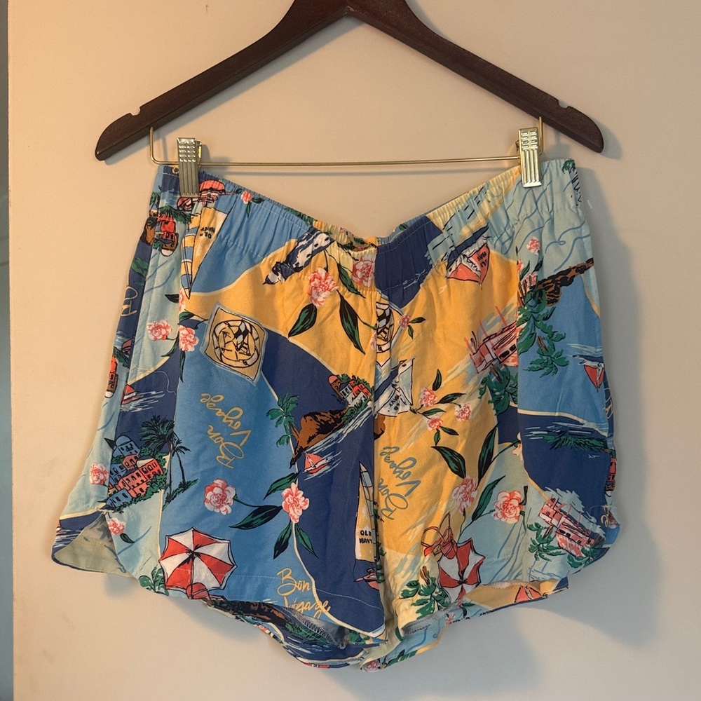 Old Navy Women’s Blue Yellow Tropical Beach Print Comfort Waist Shorts Sz L EUC